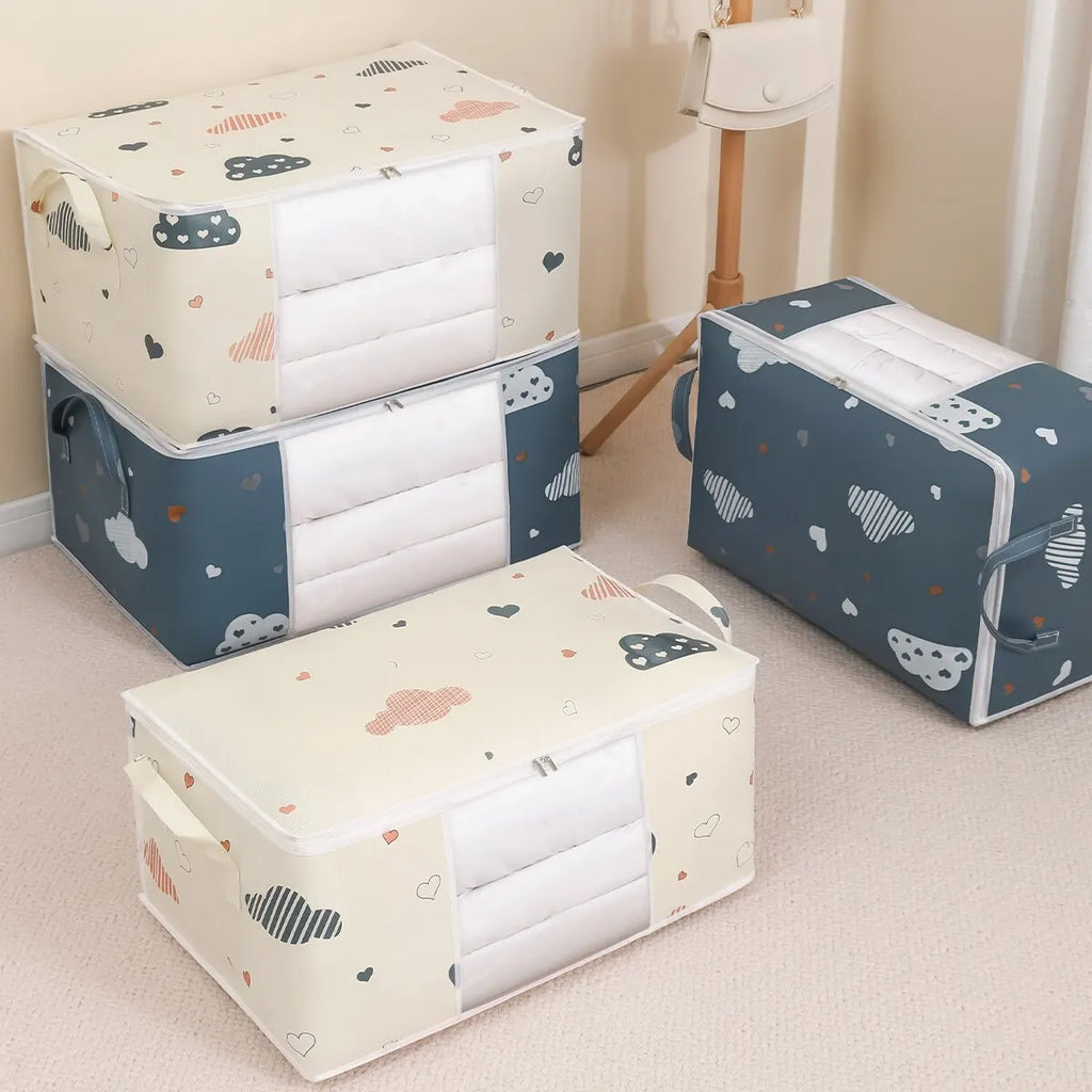 Housses de rangement pliables RangeMalin empilées, avec fenêtre transparente et poignées renforcées